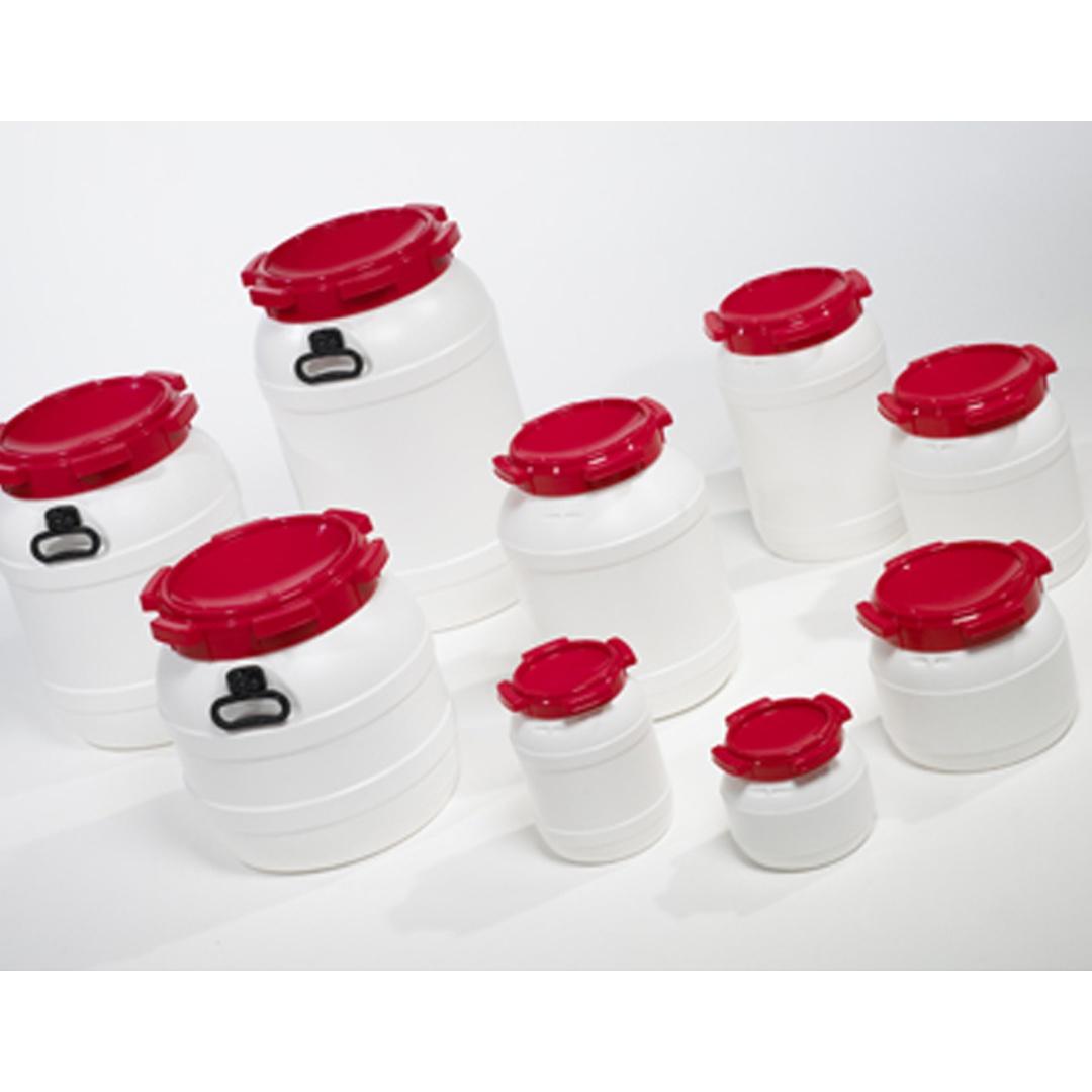 Drum, PE, with Lid and Label Surface, White/Red