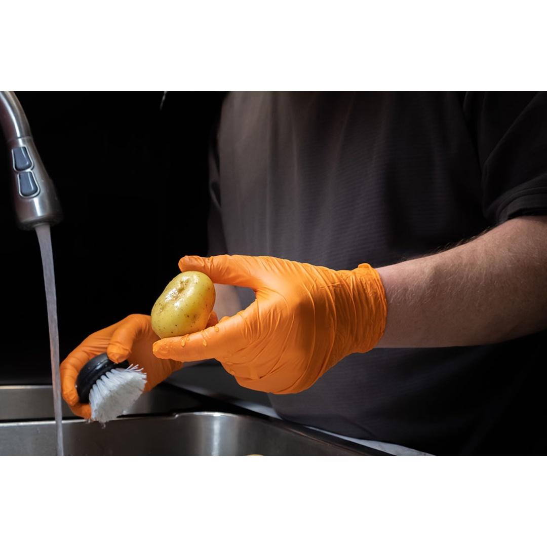 Premium quality Orange Nitrile examination gloves that offer greater tensile strength and protection than both Latex and Vinyl.