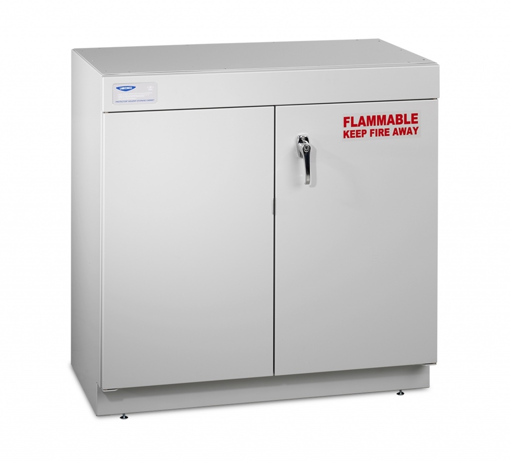 Protector Solvent Storage Cabinets support Labconco fume hoods and safely store and vent solvents and other flammable liquids. In case of a building fire, these cabinets protect the contents inside them.