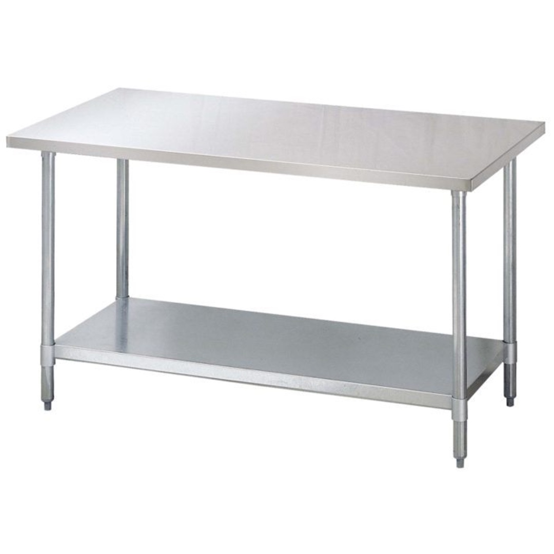 Work Table, 30_ W x 72_ L, 18/430 stainless steel flat top w/turned down edges, with adjustable galvanized undershelf & legs with adjustable ABS bullet feet.